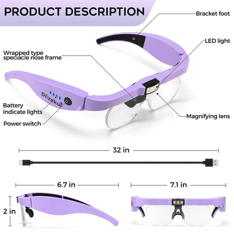 Side view of Rechargeable LED Lighted Magnifying Glass Headset With 1.5x To 5.0x Zoom And 4 Detachable Lenses, purple frame.