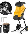 Upgraded Three-Blade Electric Wood Chipper Shredder With 15 Amp Motor Handles Branches Up To 1.8 Inches Thick Like A Pro Includes Detachable 45 Liter Collection Bag Perfect For Mulching Twigs Leaves And Yard Composting, shown in lemon yellow with accessories including a collection bag and maintenance tools.