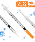 Disposable Syringe Kit With 30 Gauge Five Sixteenths Inch Needle 1 Milliliter Capacity 30 Individually Wrapped Per Pack Leak Proof Plunger Clear Unit Markings For Precise Dosing Pro Grade Lab Work, 30pcs U-100 syringe with orange cap