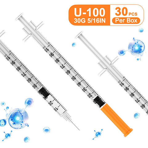 Disposable Syringe Kit With 30 Gauge Five Sixteenths Inch Needle 1 Milliliter Capacity 30 Individually Wrapped Per Pack Leak Proof Plunger Clear Unit Markings For Precise Dosing Pro Grade Lab Work, 30pcs U-100 syringe with orange cap