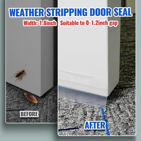 Weather-stripping door draft stopper and shower seal; before-and-after collage showing door gap and installed bottom seal.