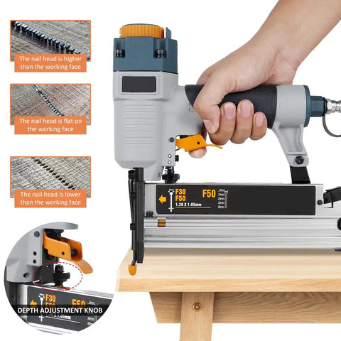 Straight Shooting Pro Level Heavy Duty Pneumatic Air Nailer For Carpentry And Fences With Adjustable Depth Control And Ergonomic Handle Accepts T50 F50 440K Fasteners