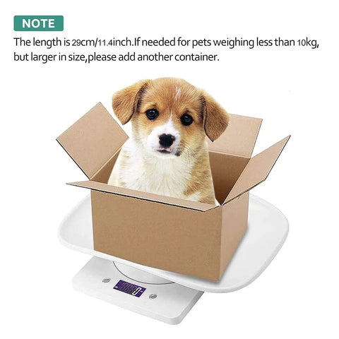 Digital Pet Scale For Small Animals And Kitchen Use showing puppy in box on white ultra-compact scale with g/ml/oz/lb units