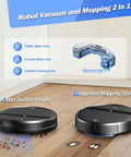 Ultra Slim 2.8 Inch Robot Vacuum And Mop That Runs Quiet At 65 Decibel No Tangle Design Smart 3D Obstacle Avoidance displayed on floor