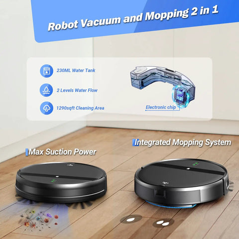 Ultra Slim 2.8 Inch Robot Vacuum And Mop That Runs Quiet At 65 Decibel No Tangle Design Smart 3D Obstacle Avoidance displayed on floor