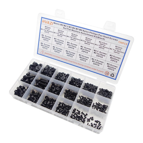 720 Piece Metric Nylon Phillips Pan Head Screws Hex Nuts Flat Washers Assortment Kit M2 Through M6 visible in case