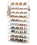 Heavy Duty Ten Tier Shoe Rack Wide Metal Organizer Tall Entryway Storage Shelf With Coat Hooks Versatile Closet Boot Friendly Frame For Keeping Floor Clutter Slick And Gone White filled with various shoes.