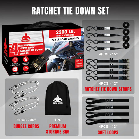 Heavy Duty Ratchet Tie Down Straps 15 Foot 4 Pack Featuring Tough As Nails Grip With 2200 Pound Break Strength set with bungee cords and storage bag.