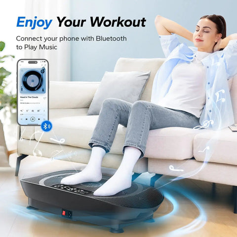 Woman using Vibration Plate Fitness Machine For Total Body Workout At Home With Auto Mode, Bluetooth Connect, Silicone Pedals.