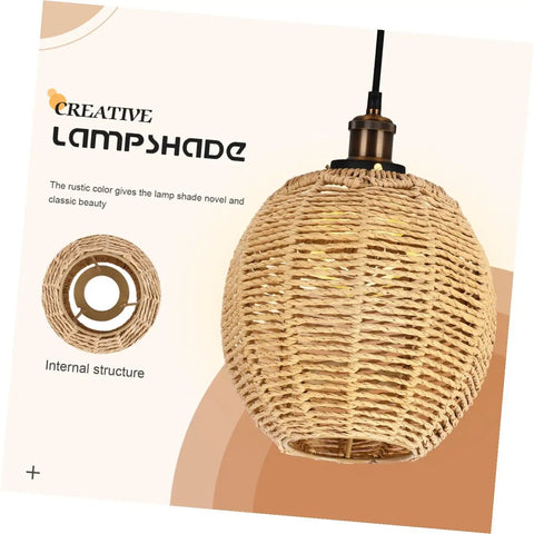Khaki Rattan Pendant Lamp Shade With Hollow Basket Design, Natural Rattan Material, Warm Cozy Glow, Lightweight, Durable