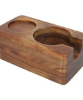 Rock Steady 58 Mm Coffee Tamper Stand With Solid Hardwood Portafilter Holder For Smooth Espresso Pulls And Slip Proof Tamping Platform For Serious Brew Squad, featuring a wooden design with dual compartments.