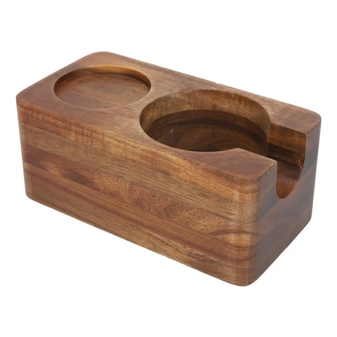 Rock Steady 58 Mm Coffee Tamper Stand With Solid Hardwood Portafilter Holder For Smooth Espresso Pulls And Slip Proof Tamping Platform For Serious Brew Squad, featuring a wooden design with dual compartments.