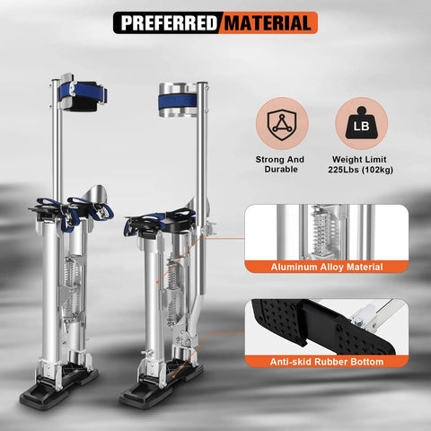 18 To 30 Inch Aluminum Drywall Stilts For Sheetrock, Drop Ceiling, Painting And Wall Work, Adjustable Height Painter Stilts With Beefy Heavy Duty Load, Easily Reach High Trim And Shrubs; shown with aluminum material and anti-skid rubber bottom
