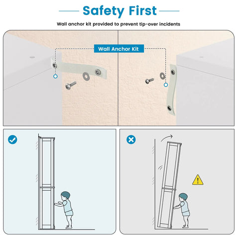 Safety instructions for installing Tall 71 Inch White Bookshelf With Six Open Shelves Floor Standing Bookcase For Living Room Home Office And Bedroom Super Sized Storage For Books Decor And More, showing wall anchor kit use.
