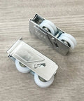 Heavy Duty Dual Wheel Sliding Door Roller With Smooth Nylon Pulleys Aluminum Alloy Narrow Gauge Track Replacement For No Sweat Gliding Windows And Patio Doors Pro Fit shown from above, featuring dual nylon wheels.