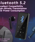 128GB Bluetooth MP3 Player With Built In Speaker, showing Bluetooth 5.2 compatibility and 3.5mm jack, black color
