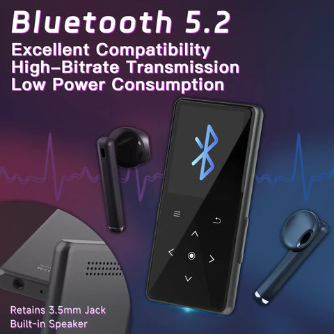 128GB Bluetooth MP3 Player With Built In Speaker, showing Bluetooth 5.2 compatibility and 3.5mm jack, black color