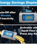 2 Inch Digital Turbine Flow Meter With LCD Display showing energy-saving features and automatic activation modes.