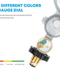 Propane regulator with gauge, vertical brass unit with black adjustment knob for RVs
