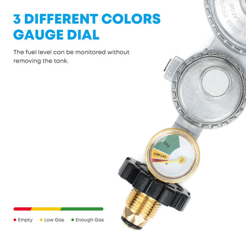 Propane regulator with gauge, vertical brass unit with black adjustment knob for RVs