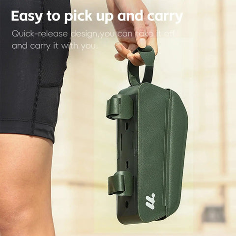 Bolt-On Top Tube Bike Bag With Magnetic Flap For Quick Access During Rides, green, handheld showing quick-release design