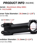 Mean 7 Degree Adjustable 31.8mm Mountain Bike Stem 100mm 110mm 120mm Short Handlebar For MTB Road BMX Fixie Gear Lightweight 6061 Aluminum Alloy Construction For Strong Responsive Steering image with material and dimensions.
