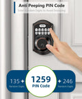 Keyless Entry Door Lock With Keypad For Front Door, Smart Deadbolt With Auto Lock, 20 Access Codes Plus One Time Use Code, Easy Install, Oil Rubbed Bronze Finish, Includes 2 Keys shown in anti-peeping mode with hand using keypad.