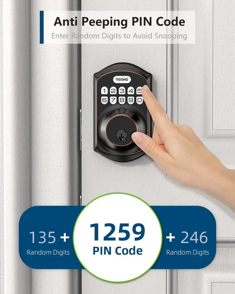 Keyless Entry Door Lock With Keypad For Front Door, Smart Deadbolt With Auto Lock, 20 Access Codes Plus One Time Use Code, Easy Install, Oil Rubbed Bronze Finish, Includes 2 Keys shown in anti-peeping mode with hand using keypad.