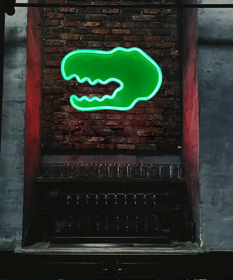 Totally Lit Dinosaur Head Neon Sign For Kids Bedroom Decor USB Or Battery Powered Neon Light on brick wall indoors