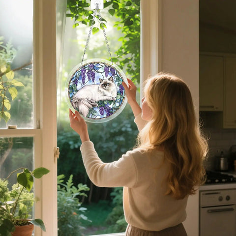 Acrylic Puzzle Suncatcher 83 Piece Cat Purple Wisteria DIY Kit displayed in sunlight