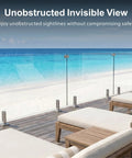 No Sweat Install Frameless Glass Railing Kit Featuring Six Clear Laminated Tempered Panels At 44 Inches High And 315 To 324 Wide For Solid Deck Renovations with a scenic beach view.