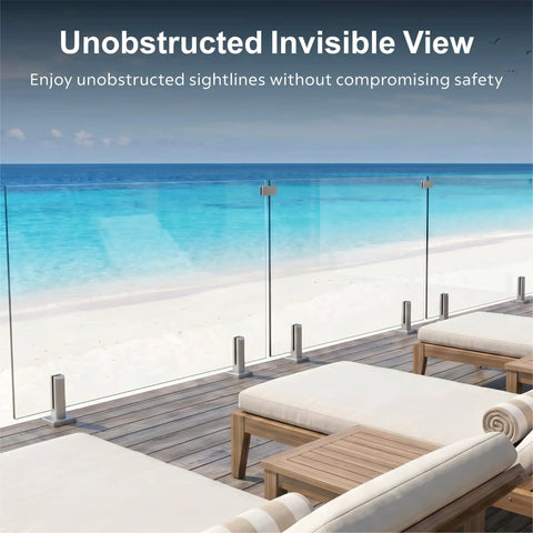 No Sweat Install Frameless Glass Railing Kit Featuring Six Clear Laminated Tempered Panels At 44 Inches High And 315 To 324 Wide For Solid Deck Renovations with a scenic beach view.