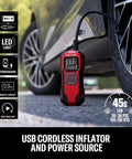 Hassle Free Portable Tire Inflator Cordless Air Compressor 150 Psi with digital gauge, USB power, and compact design for roadside use.