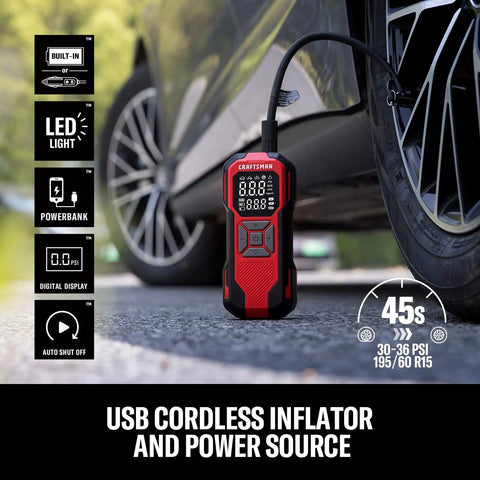 Hassle Free Portable Tire Inflator Cordless Air Compressor 150 Psi with digital gauge, USB power, and compact design for roadside use.