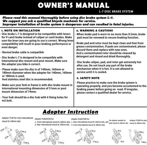 Owner's manual for All In One Bike Front And Rear Disc Brake Kit With Calipers, 160mm Stainless Rotors, cables, levers in red finish