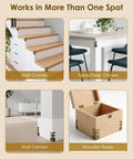 Built Like A Tank Solid Brass Wall Corner Guards Heavy Duty Bronze Baseboard Edge Protectors Rust Resistant Furniture Scuff Shields 16 Pack displayed on stairs, table, wall, and wooden box.