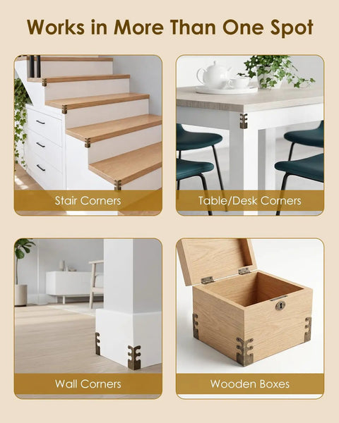 Built Like A Tank Solid Brass Wall Corner Guards Heavy Duty Bronze Baseboard Edge Protectors Rust Resistant Furniture Scuff Shields 16 Pack displayed on stairs, table, wall, and wooden box.