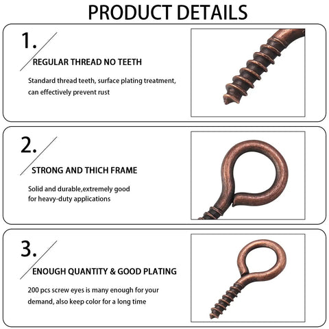 Close-up of Heavy Duty Red Copper Plated Screw Eye Pin Hook showcasing strong threads, ideal for DIY jewelry and craft projects.