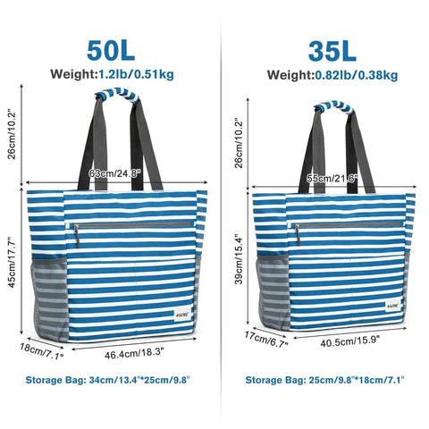Waterproof Sandproof Beach Tote Bag With Large Capacity Two-In-One Foldable Design For Women Navy Stripe size comparison
