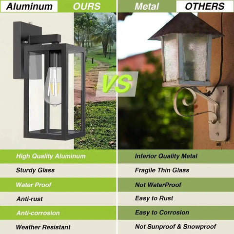 Comparison of two pack dusk to dawn outdoor wall lanterns with sensor matte black exterior porch lights, showing aluminum vs. metal quality.