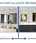 Chrome Bathroom Vanity Light Fixtures With Three Lights, 16.9 Inch Over Mirror Bar Style Vanity Lights, Clear Glass Shades, E26 Base, two installation orientations.