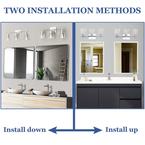 Chrome Bathroom Vanity Light Fixtures With Three Lights, 16.9 Inch Over Mirror Bar Style Vanity Lights, Clear Glass Shades, E26 Base, two installation orientations.