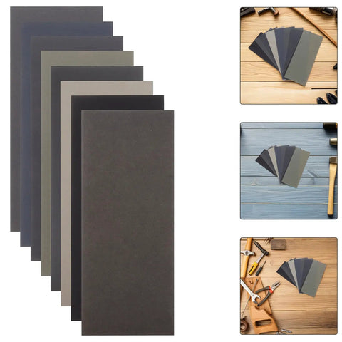 56pc Wet And Dry Sanding Kit with multi grit sheets for metal, wood, and plastic projects displayed on workbenches
