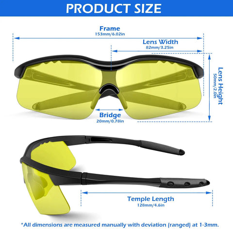 Product size details for Heavy-Duty 24 Haul Of Safety Glasses With Yellow Tint Lenses And Sturdy Black Temples ANSI Z87 Marked.