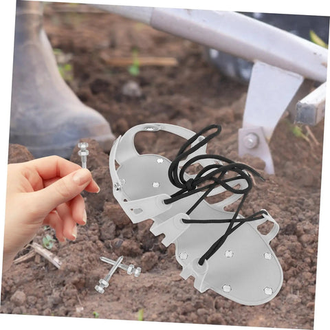 Pro Grade Lawn Aerator Shoes Spikes Kit with heavy duty metal pegs and laces on soil for grass aeration and soil revitalization