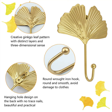 Ginkgo Leaf Wall Hooks Four Piece Iron Gold Key Holder And Hat Hanger featuring detailed ginkgo leaf design and smooth round hooks.