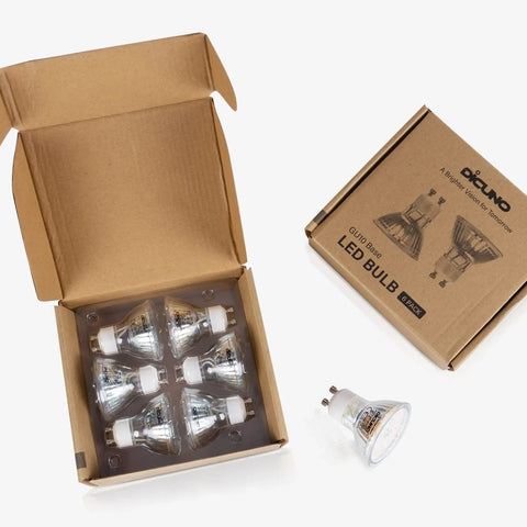 Energy Saving GU10 LED Light Bulbs 6W 60W Halogen Replacement 5000K Daylight White 700 Lumens Full Glass Cover 120 Degree Beam Angle 120V MR16 Non Dimmable Spotlight Track Lighting 6 Pack, showing open box of bulbs and packaging.