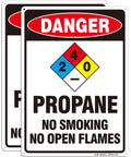 Heavy Duty Aluminum Warning Sign Two Pack Danger Propane No Smoking No Open Flames Plaque Large 14 By 10 Inch displayed.