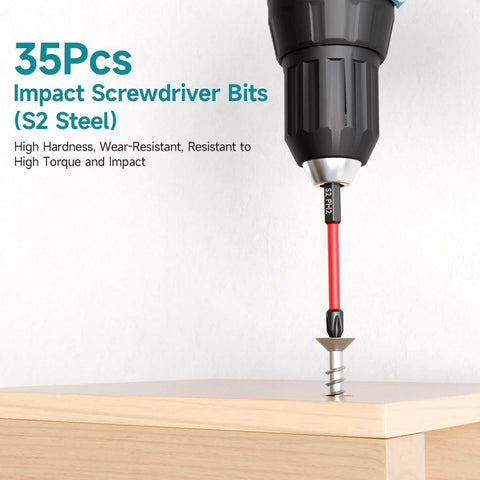 Heavy Duty 35 Piece Impact Driver Bit Set With Storage Case, 28 Magnetic Screwdriver Bits, 3 Hex Countersink Drill Bits, 3 Sockets