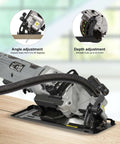Inequalit mini circular saw, corded with vacuum adapter and 4-1/2 in blade on wood bench